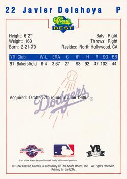 1992 Classic Best Vero Beach Dodgers #22 Javier DeLaHoya Back