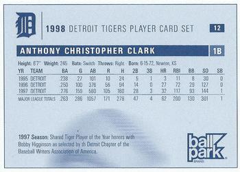 1998 Ball Park Franks Detroit Tigers #12 Tony Clark Back