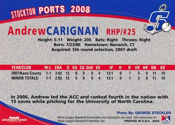 2008 Grandstand Stockton Ports #7 Andrew Carignan Back
