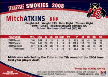 2008 Grandstand Tennessee Smokies #NNO Mitch Atkins Back