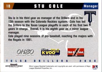 2008 Grandstand Tulsa Drillers #5 Stu Cole Back