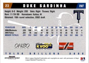 2008 Grandstand Tulsa Drillers #23 Duke Sardinha Back