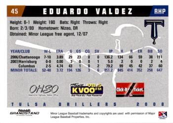 2008 Grandstand Tulsa Drillers #24 Eduardo Valdez Back