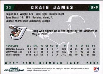 2008 Grandstand West Tenn Diamond Jaxx #10 Craig James Back