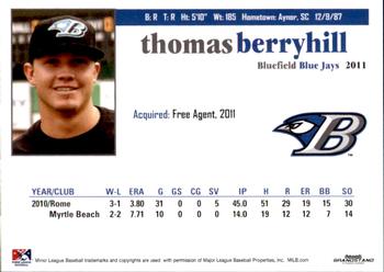 2011 Grandstand Bluefield Blue Jays #3 Thomas Berryhill Back