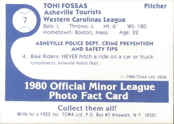 1980 TCMA Asheville Tourists #7 Tony Fossas Back
