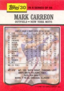 1990 Topps TV New York Mets #30 Mark Carreon Back