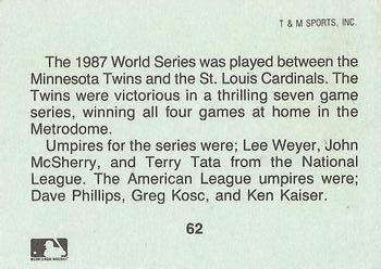 1988 T&M Sports Umpires #62 1987 World Series Back