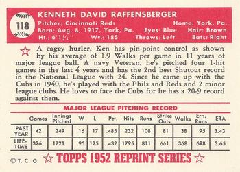 1983 Topps 1952 Reprint Series #118 Ken Raffensberger Back