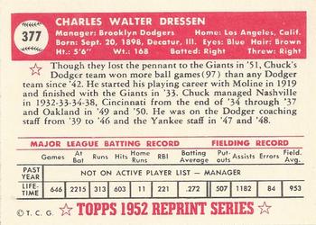 1983 Topps 1952 Reprint Series #377 Chuck Dressen Back