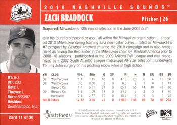 2010 MultiAd Nashville Sounds #11 Zach Braddock Back