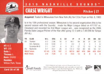 2010 MultiAd Nashville Sounds #35 Chase Wright Back