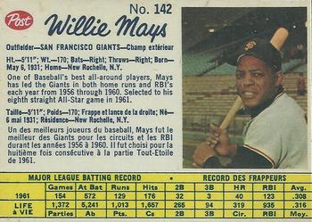 1962 Post Cereal Canadian #142 Willie Mays Front