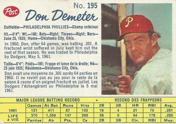 1962 Post Cereal Canadian #195 Don Demeter Front