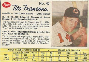 1962 Post Cereal Canadian #40 Tito Francona Front