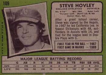 1971 Topps #109 Steve Hovley Back