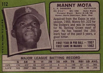 1971 Topps #112 Manny Mota Back