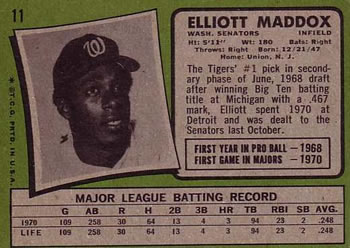 1971 Topps #11 Elliott Maddox Back