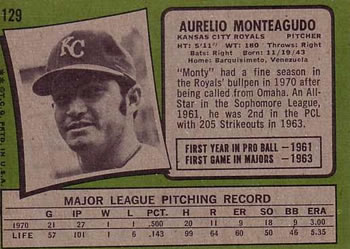 1971 Topps #129 Aurelio Monteagudo Back