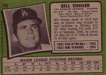 1971 Topps #145 Bill Singer Back