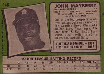 1971 Topps #148 John Mayberry Back