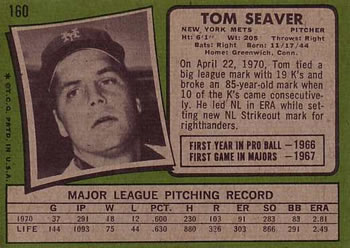 1971 Topps #160 Tom Seaver Back