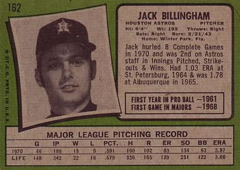 1971 Topps #162 Jack Billingham Back
