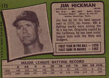 1971 Topps #175 Jim Hickman Back