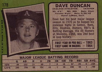 1971 Topps #178 Dave Duncan Back