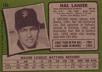 1971 Topps #181 Hal Lanier Back