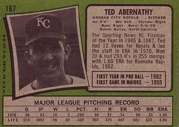 1971 Topps #187 Ted Abernathy Back