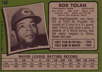 1971 Topps #190 Bob Tolan Back