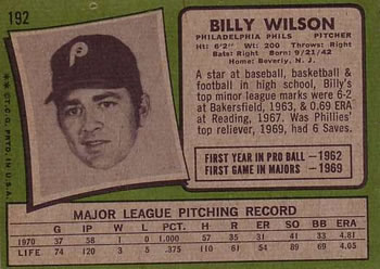 1971 Topps #192 Billy Wilson Back