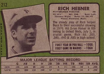 1971 Topps #212 Rich Hebner Back