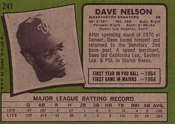 1971 Topps #241 Dave Nelson Back