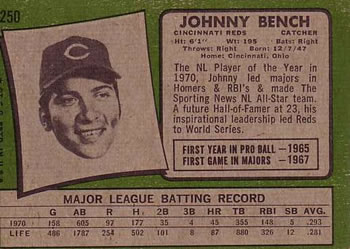 1971 Topps #250 Johnny Bench Back