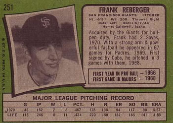 1971 Topps #251 Frank Reberger Back