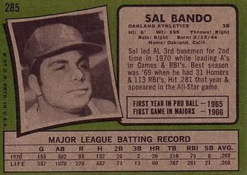 1971 Topps #285 Sal Bando Back