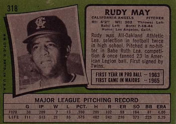 1971 Topps #318 Rudy May Back