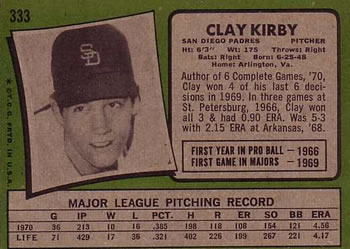 1971 Topps #333 Clay Kirby Back
