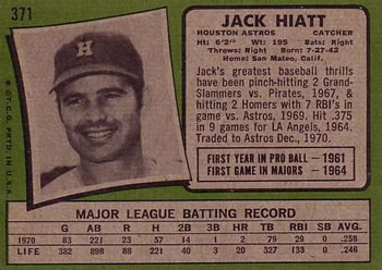 1971 Topps #371 Jack Hiatt Back