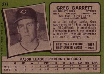 1971 Topps #377 Greg Garrett Back