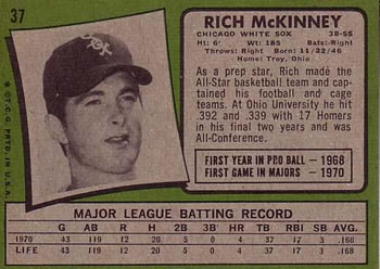 1971 Topps #37 Rich McKinney Back