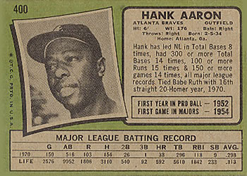 1971 Topps #400 Hank Aaron Back