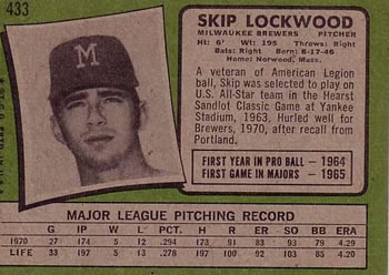 1971 Topps #433 Skip Lockwood Back