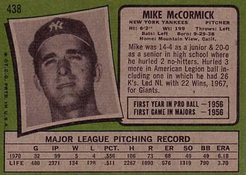 1971 Topps #438 Mike McCormick Back