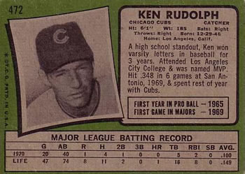 1971 Topps #472 Ken Rudolph Back