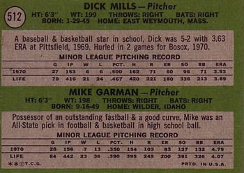 1971 Topps #512 Red Sox 1971 Rookie Stars (Dick Mills / Mike Garman) Back