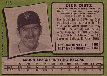 1971 Topps #545 Dick Dietz Back