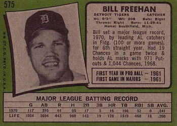 1971 Topps #575 Bill Freehan Back